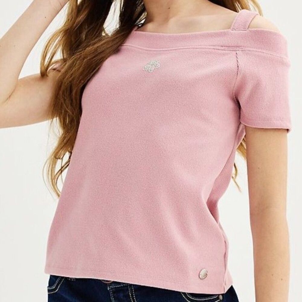 Limited Too Girls Cold Shoulder Bling Flower Ribbed T-Shirt Top Pink S 7 8 NWT